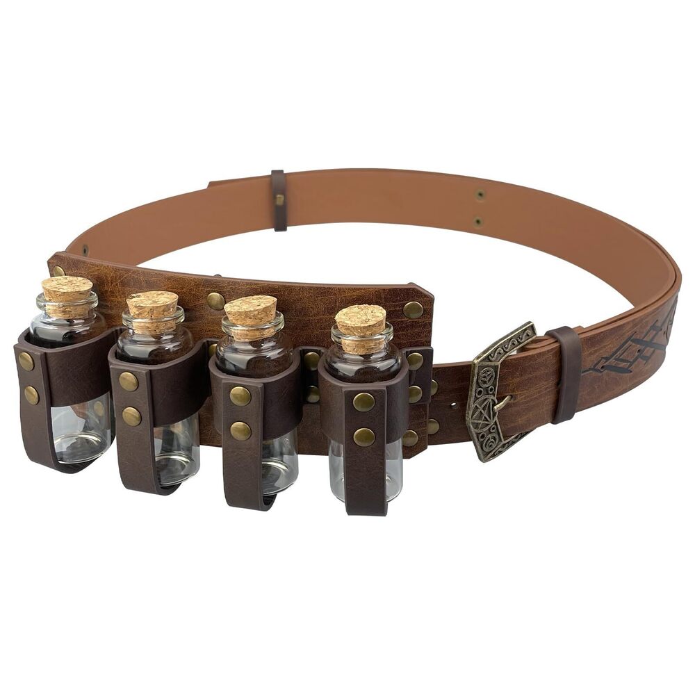 3041 Medieval Embossed Alchemy Faux Leather Buckle Belt with 4 Cork Vials